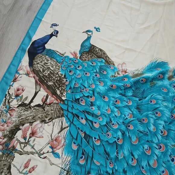 Super Large Teal Peacock and Cherry Blossom Scarf Wrap - Picture 2 of 9